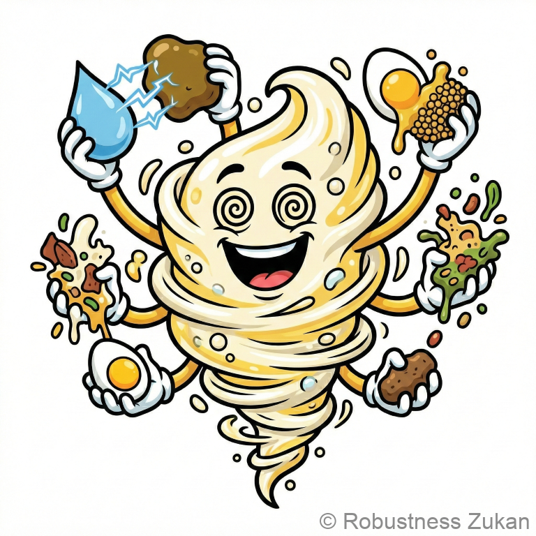 レシチンの進化後キャラクター・乳化神・エマルジョン・強力な乳化作用で血管や脳をサポート・全てをマヨネーズ状に融合させる巨大なクリーミーな渦のイラスト