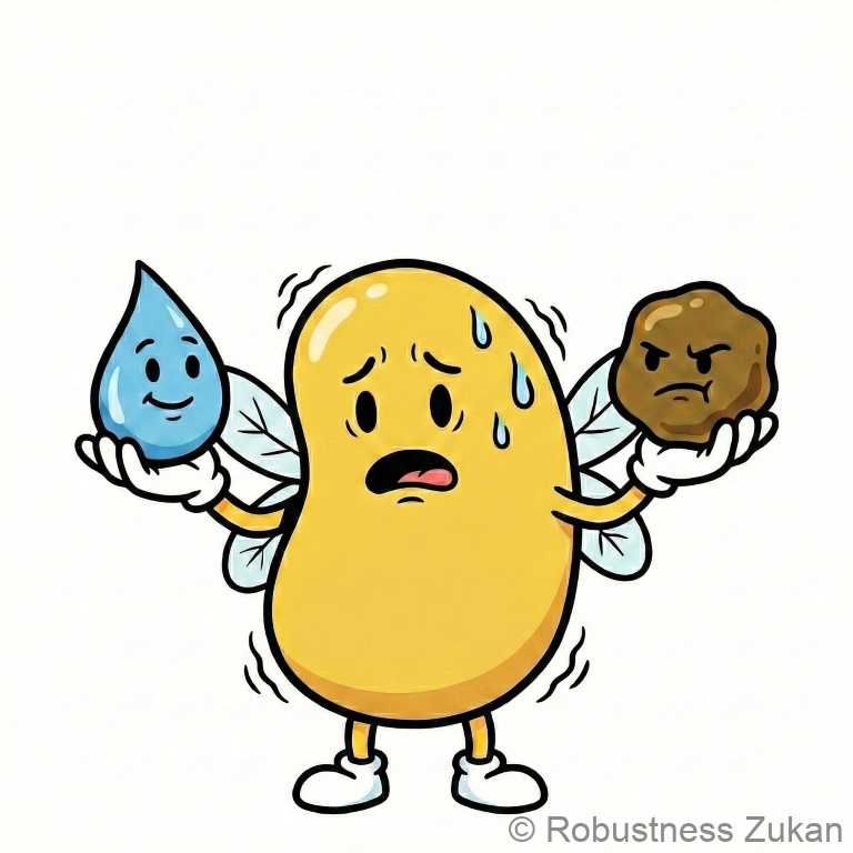 レシチンの進化前キャラクター・大豆レシチン(リン脂質)・水と油を仲介しようと必死に震えている頼りない豆の妖精のイラスト