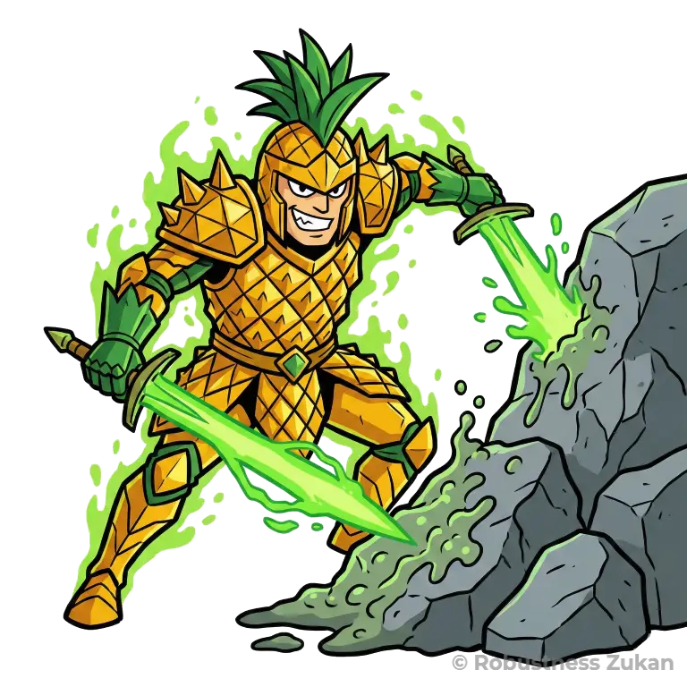 ブロメラインの擬人化キャラクターイラスト(第2形態)。双剣で硬い岩を溶かし斬る騎士の姿として、強力な抗炎症作用や線維素溶解作用を表現しています。理学療法士監修の視点から、関節炎の痛み軽減や軟部組織の癒着改善など、身体機能の回復を促進する働きを描写しました。