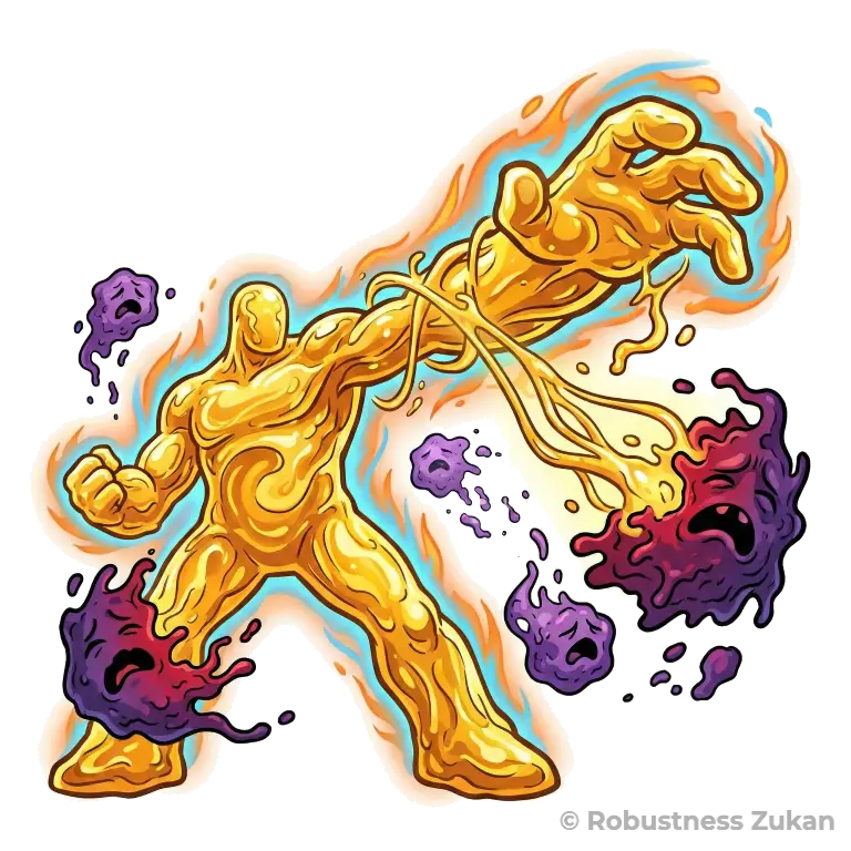 カフェストール＆カーウェオールの擬人化キャラクターイラスト（第2形態）。黄金の流体の巨人が悪性物質を駆逐する姿は、解毒酵素の活性化や発がん抑制などの強力な生理的作用を表現しています。理学療法士の視点から、細胞レベルで身体のロバストネスを高める成分の働きを描いた画像です。