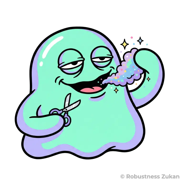 COMTの擬人化キャラクターイラスト(第1形態)。ハサミで虹色の物質を切り取るリラックスした姿として、ドーパミン等の神経伝達物質を分解し、脳の過剰な興奮を鎮めて心身を安定させる酵素の働きを表現しています。理学療法士監修の専門的な視点に基づいています。