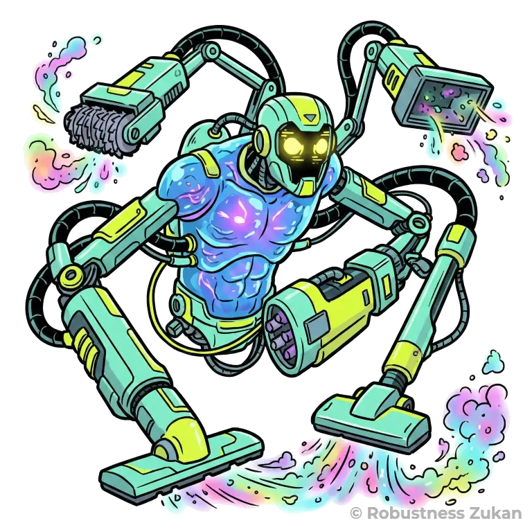 COMTの擬人化キャラクターイラスト(第2形態)。複数の機械アームで虹色の物質を効率よく吸い込み処理する姿として、過剰なドーパミン等の神経伝達物質を急速に分解し、身体のホメオスタシスを維持する強力な酵素の働きを表現しています。理学療法士監修の専門的な視点に基づいています。