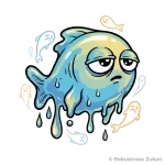 「EPA・DHA」の擬人化キャラクターイラスト（第1形態）。ぐったりと溶けかけた青魚の姿として、オメガ3脂肪酸が不足し血液がドロドロになった状態を表現しています。理学療法士の視点から、血流低下による身体の不調や炎症リスクを視覚的に啓発するデザインです。