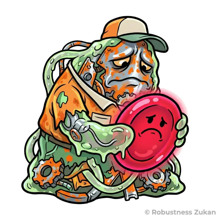 ヘムオキシナーゼ-1の擬人化キャラクターイラスト(第1形態)。錆びた機械が赤い円盤を抱える視覚的特徴として、体内の遊離ヘムを分解処理するプロセスを表現しています。理学療法の観点からも重要な、組織の酸化ストレスを防ぐための初期的な細胞保護メカニズムを描いています。