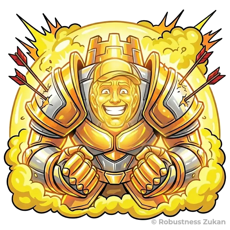 ヘムオキシナーゼ-1の擬人化キャラクターイラスト(第2形態)。黄金の鎧で矢を弾き返す視覚的特徴として、酵素反応により生じる強力な抗酸化・抗炎症作用を表現しています。理学療法における組織修復に直結する、強靭な細胞保護機能(サイトプロテクション)が発揮されている状態です。