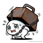 Nrf2の擬人化キャラクターイラスト（第1形態）。酸化ストレスや重りに鎖で縛られ、本来の抗酸化能を発揮できず苦しむ様子として、細胞内でKeap1によって抑制され、活性酸素の攻撃に耐えている生理状態を表現しています。