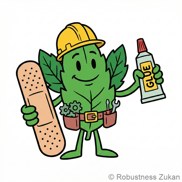 フィロキノン(ビタミンK1)の進化前キャラクター・血液凝固因子・緑の葉っぱの現場作業員がヘルメットを被り絆創膏と接着剤で止血作業をする姿