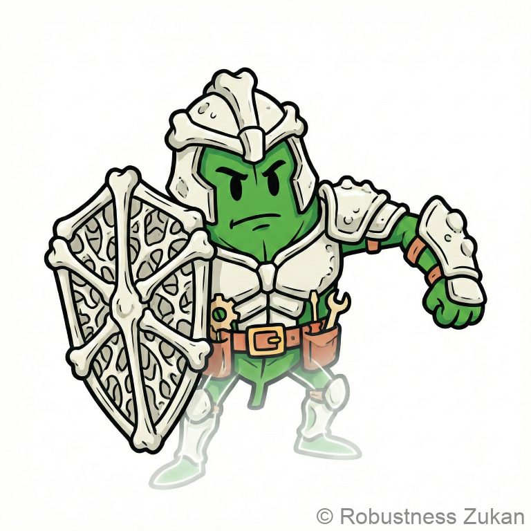 フィロキノン（ビタミンK1）の進化後キャラクター・骨形成とオステオカルシン活性化・骨の鎧とカルシウムの盾を装備した緑の騎士（半透明な足は代謝の早さを表現）