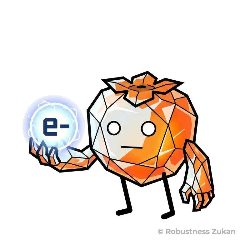 アスコルビン酸(ビタミンC)の擬人化キャラクターイラスト(第1形態)。電子(e-)を保持した柿のような外見のキャラとして、体内の酸化を防ぐ「還元力」の源を表現。理学療法士の視点から、結合組織の修復に不可欠な栄養素の重要性を視覚化しています。