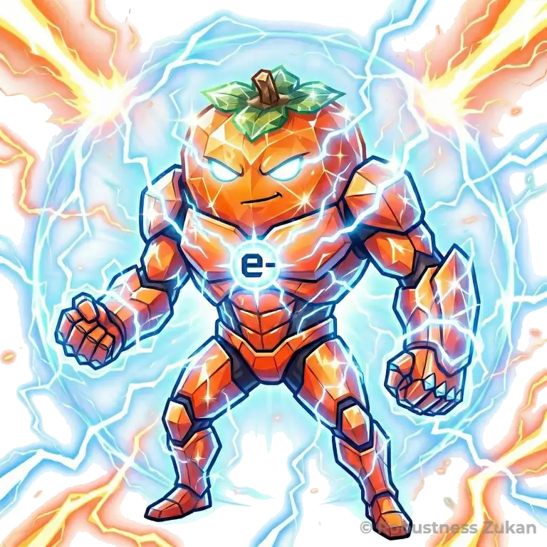 アスコルビン酸(ビタミンC)の擬人化キャラクターイラスト(第2形態)。電子のエネルギーを全身に纏ったマッスルな姿として、活性酸素を無害化する強力な「抗酸化作用」を表現。筋肉や関節の炎症抑制、コラーゲン合成を促進する生体防御の役割を強調しています。