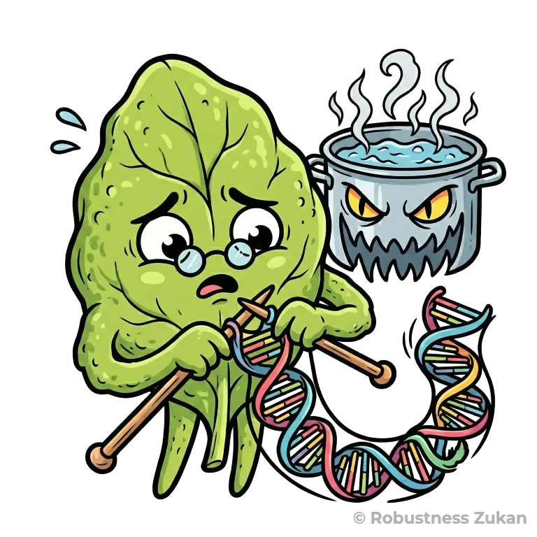 葉酸の擬人化キャラクターイラスト(第1形態)。ほうれん草のキャラクターがDNAを編む姿で、細胞分裂やDNA合成に関わる働きを表現しています。背後の熱湯の魔物は熱や水に弱い特性を示しており、理学療法士監修の視点から、効率的な摂取方法の重要性を伝えるデザインです。