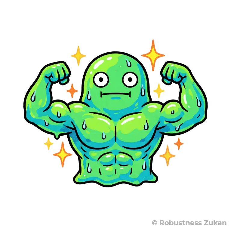 マッスルスライム・イリシンのキャラクターイラスト（第1形態）。緑色のスライムが真顔で汗をかきながらダブルバイセップスのポーズを決める姿で、運動によって筋肉から分泌される様子を表現しています。