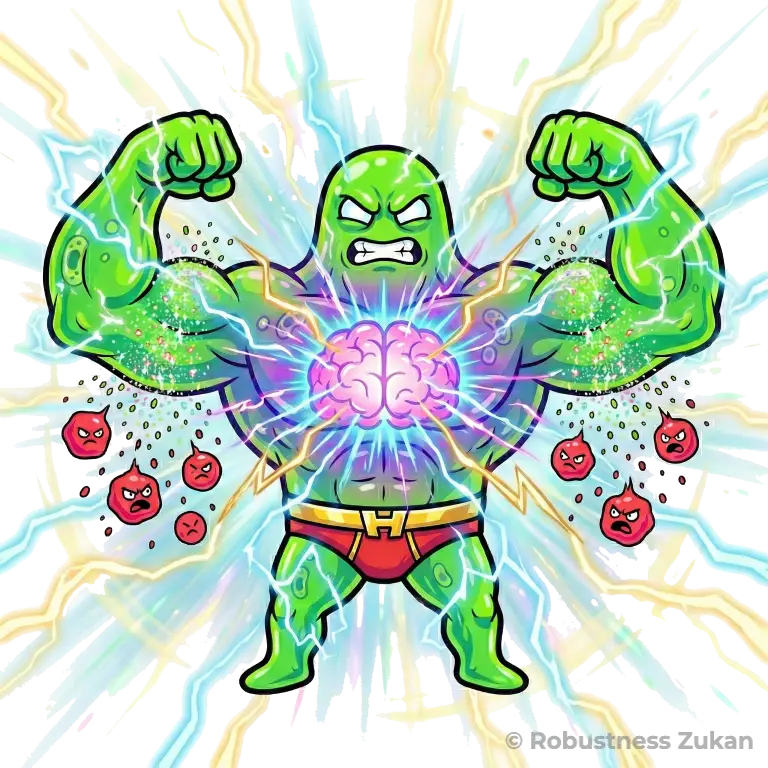 超脳筋スライム・イリシンのキャラクターイラスト（第2形態）。赤いパンツを履き、大胸筋の間に光る脳みそを露出させた姿で電撃を放ち、周囲の赤い炎症細胞を威圧して脳を保護する強力な効果を表現しています。