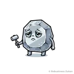 亜鉛（Zinc）の擬人化キャラクターイラスト（第1形態）。元気がなく泣いている表情と小さなハンマーは、亜鉛不足による味覚障害や新陳代謝の低下、タンパク質合成の停滞など、身体のロバストネスが損なわれた状態を表現しています。