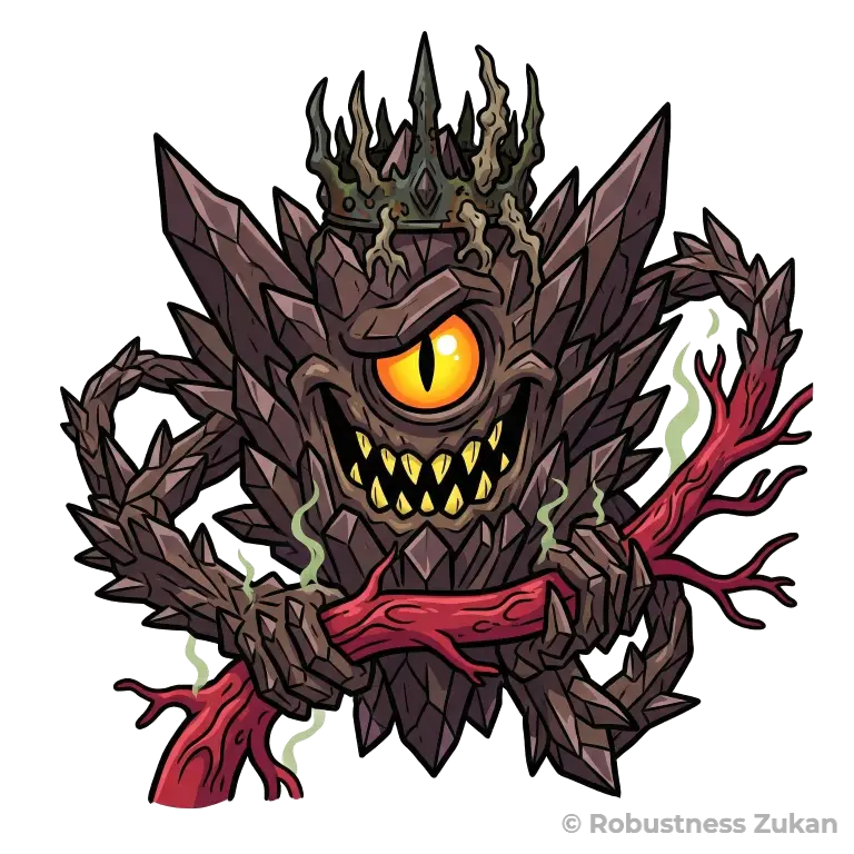 ヒ素の擬人化キャラクターイラスト（第2形態）。血管を締め付けるトゲトゲの王冠を被った凶悪な姿へと進化し、心血管疾患や酸化ストレスを引き起こす脅威を表現しています。