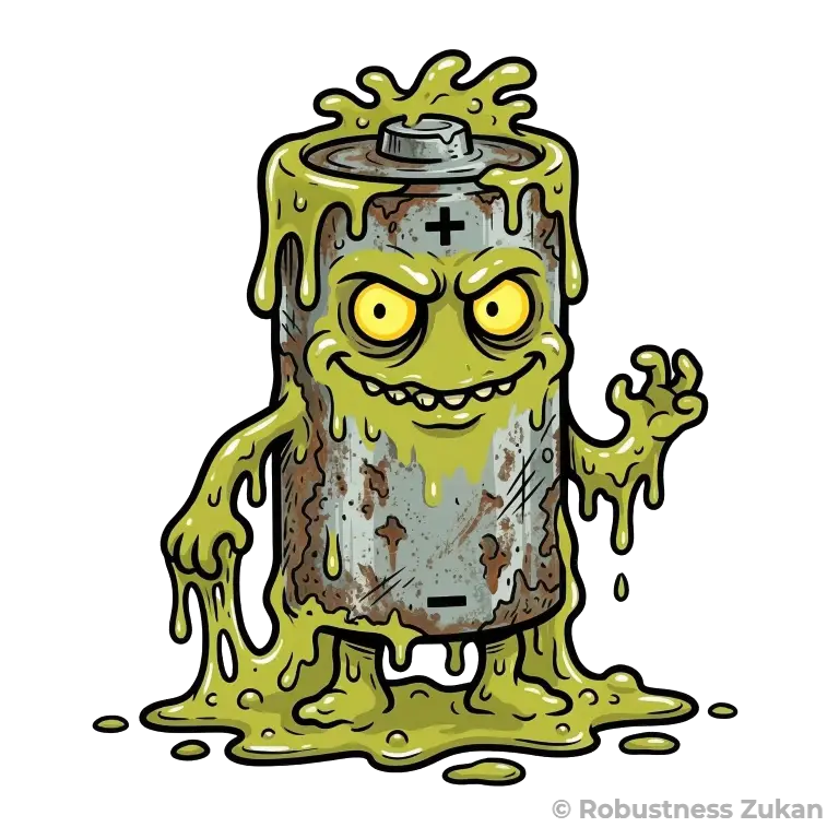 カドミウムの擬人化キャラクターイラスト（第1形態）。液漏れした古い乾電池から手足が生えたような、どんよりとしたキモかわスライム状のキャラクターとして、土壌や作物にひっそりと潜む重金属の性質を表現しています。