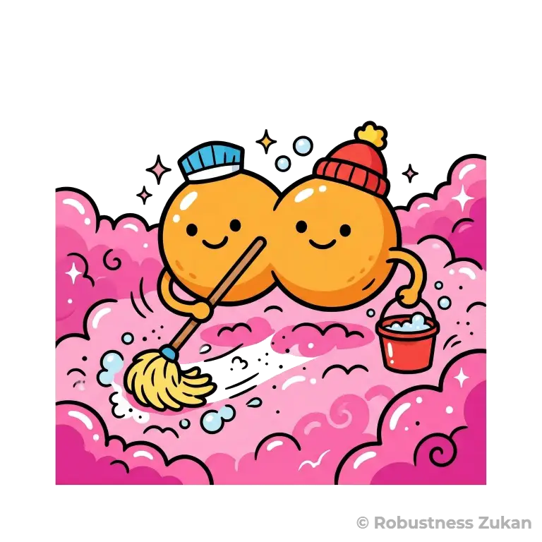 カルノシンの擬人化キャラクターイラスト（第1形態）。β-アラニンとL-ヒスチジンが結合した、丸っこいピーナッツ型の双子の妖精。筋肉の繊維に挟まりながら、ニコニコと小さなモップで細胞を掃除している愛らしい姿を表現しています。