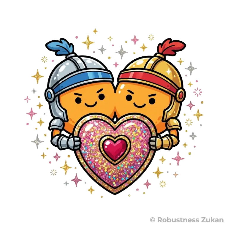 カルノシンの擬人化キャラクターイラスト（第2形態）。二人が合体して、キラキラと輝く『丸い盾』を持った聖騎士に進化。愛らしい笑顔を絶やさず、酸化や炎症をポヨンと跳ね返す、頼もしくも可愛い防衛力を表現しています。