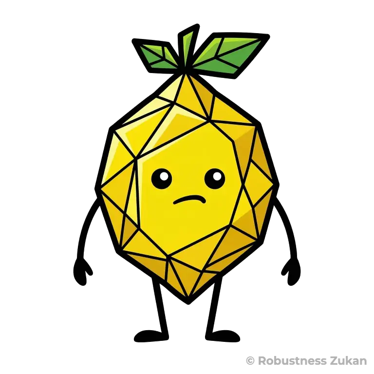 クエン酸の擬人化キャラクター（第1形態）。多面体カットされたレモンの体に、酸っぱさで固まった無表情な顔と細い手足がついた、シュールでポップなイラストです。