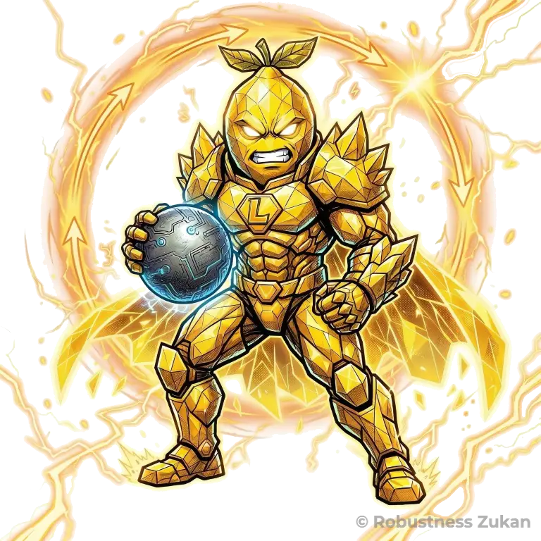 クエン酸の擬人化キャラクター（第2形態）。全身に鋭利な幾何学模様の結晶アーマーを纏い、背後にエネルギーの渦を背負ったヒーロー姿。鉄分を掴んで吸収を助ける力強いポーズをしています。