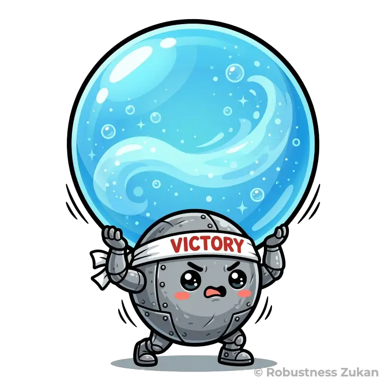 鉄の擬人化キャラクター「頑張る鉄くん」（第1形態）。丸っこいちびキャラの鉄球が「根性」ハチマキを締め、自分より大きな酸素の泡をプルプル震えながら運ぶ健気な姿です。