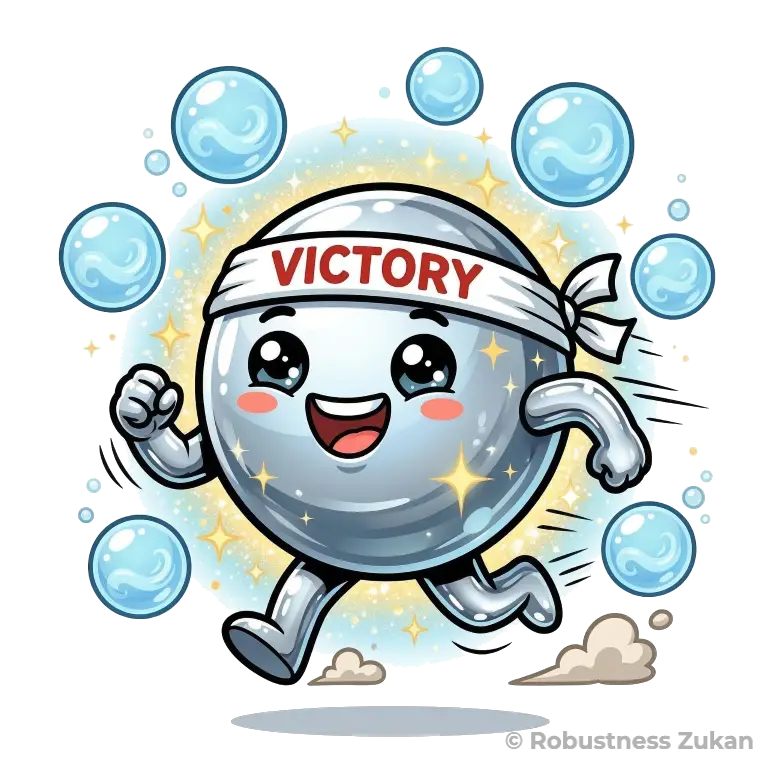 鉄の擬人化キャラクター「スーパー頑張る鉄くん」（第2形態）。体がピカピカのシルバーに輝き、ビタミンCの魔法でたくさんの酸素の泡を軽々と浮かべながら、笑顔で元気に走り回る姿です。