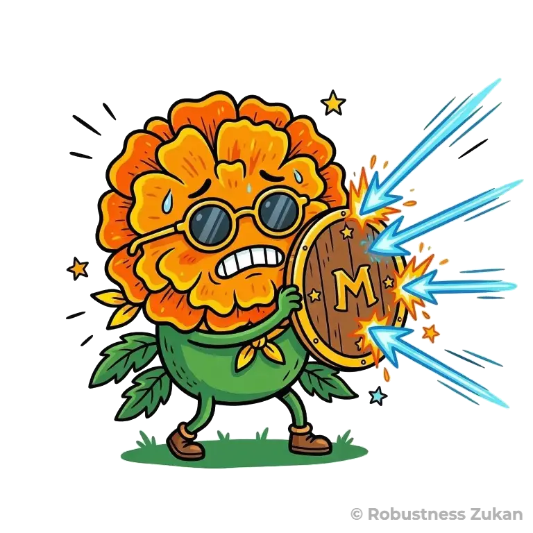 ルテインの擬人化キャラクターイラスト（第1形態）。緑色の丸い体にマリーゴールドの花の頭を持ち、黒いサングラスをかけた小柄な妖精が、冷や汗を流しながら出身地マリーゴールドの『M』が刻まれた小さな木の盾で必死に青い光の矢を防いでいるコミカルな姿として、ブルーライトから目を守る健気な働きを表現しています。