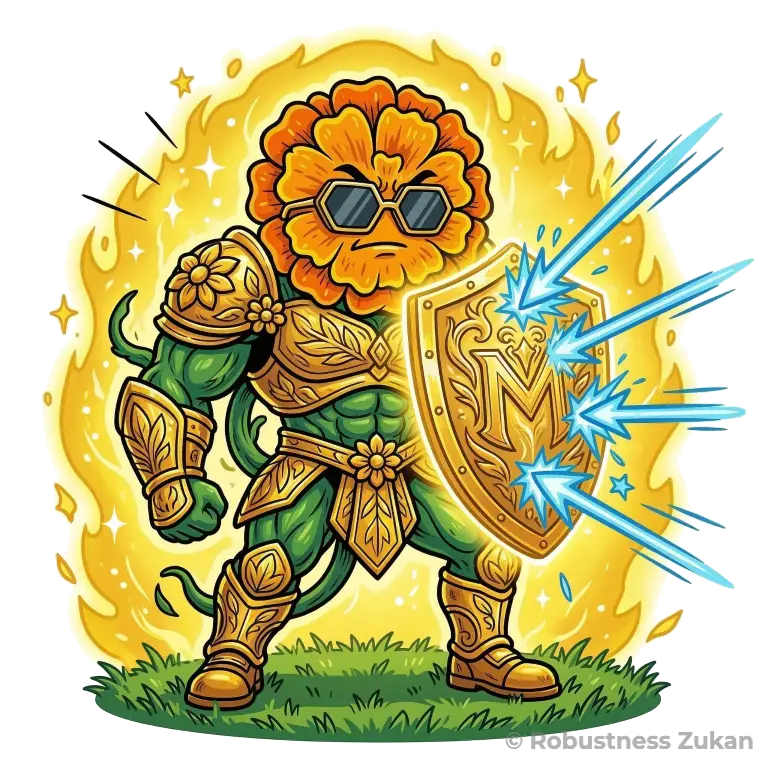 ルテインの擬人化キャラクターイラスト（第2形態）。筋骨隆々の緑色の体に黄金の鎧を纏った戦士へと進化し、燃え盛る黄色のオーラを放ちながら、最終防衛ラインである黄斑（Macula）の『M』の紋章が輝く巨大な黄金の盾でブルーライトの矢を余裕で弾き返す頼もしい姿を表現しています。