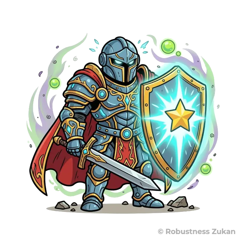 セレンの擬人化キャラクターイラスト（第2形態）。巨大な光る盾を持ちつつも少し毒々しいオーラを放つ重装騎士として進化し、強力な細胞保護効果と過剰摂取時の毒性の二面性を表現しています。