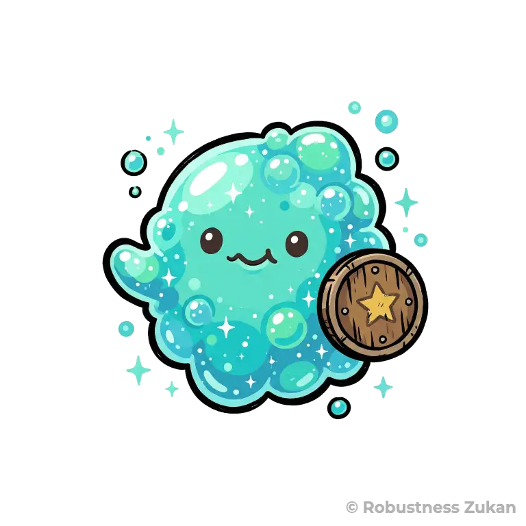 SODの擬人化キャラクターイラスト（第1形態）。おしゃぶりを加えた泡まみれのひ弱なスライムとして、体内に生まれながら存在するものの、加齢とともに減少していく基礎的な抗酸化力を表現しています。