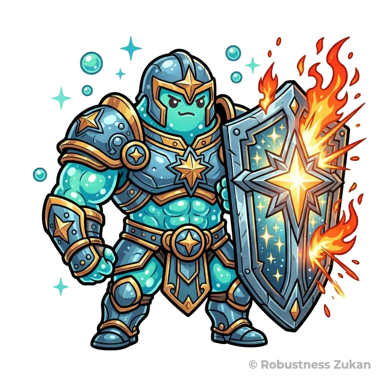 SODの擬人化キャラクターイラスト（第2形態）。頑丈な装甲と巨大な盾を持つ歴戦の勇者スライムとして進化し、ミトコンドリア内で活性酸素を瞬時に無力化する強力な抗酸化作用を表現しています。