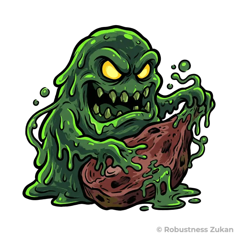 TMAOの擬人化キャラクターイラスト（第1形態）。赤身肉に乗ったニヤニヤ笑うスライム状のバクテリアとして、腸内で密かに作られる不気味な代謝物を表現しています。