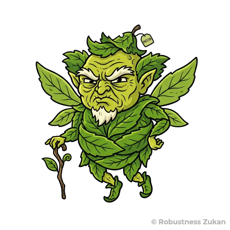 EGCGの擬人化キャラクターイラスト（第1形態）。茶葉でできたシワシワで渋い顔のおじいちゃん妖精として、特有の強い渋みと、宿主を守ろうとする潜在的な健康効果を可愛らしく表現しています。