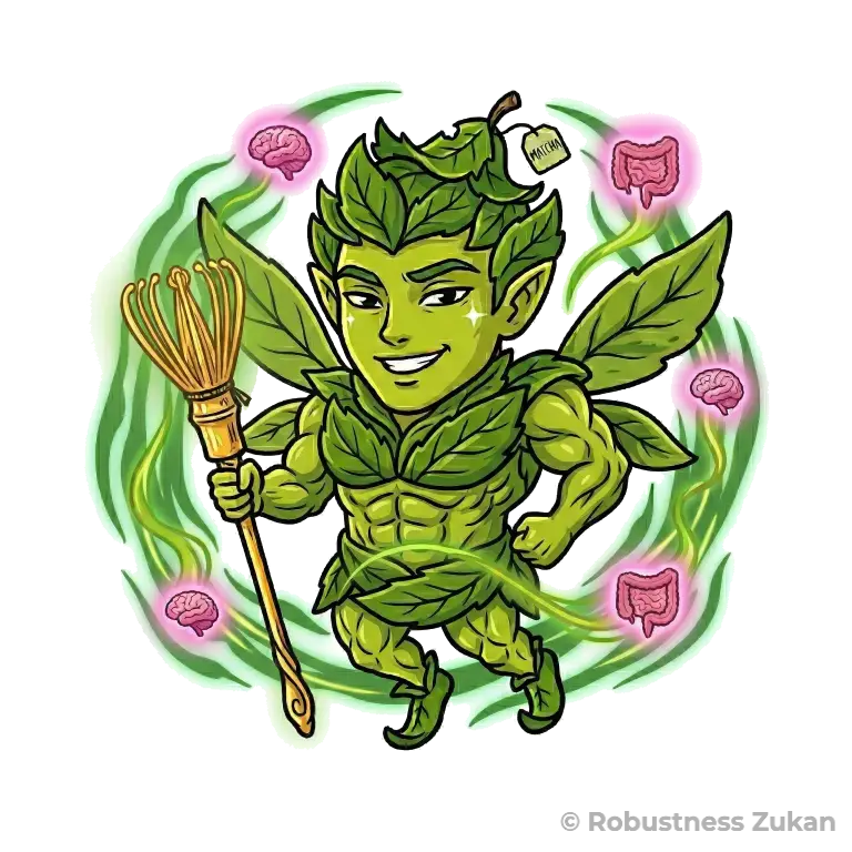 EGCGの擬人化キャラクターイラスト（第2形態）。腸内細菌と出会って若返った、カッコかわいいお茶の王子様妖精へと進化し、腸内環境の調整や脳への神経保護・メンタル安定化効果を表現しています。