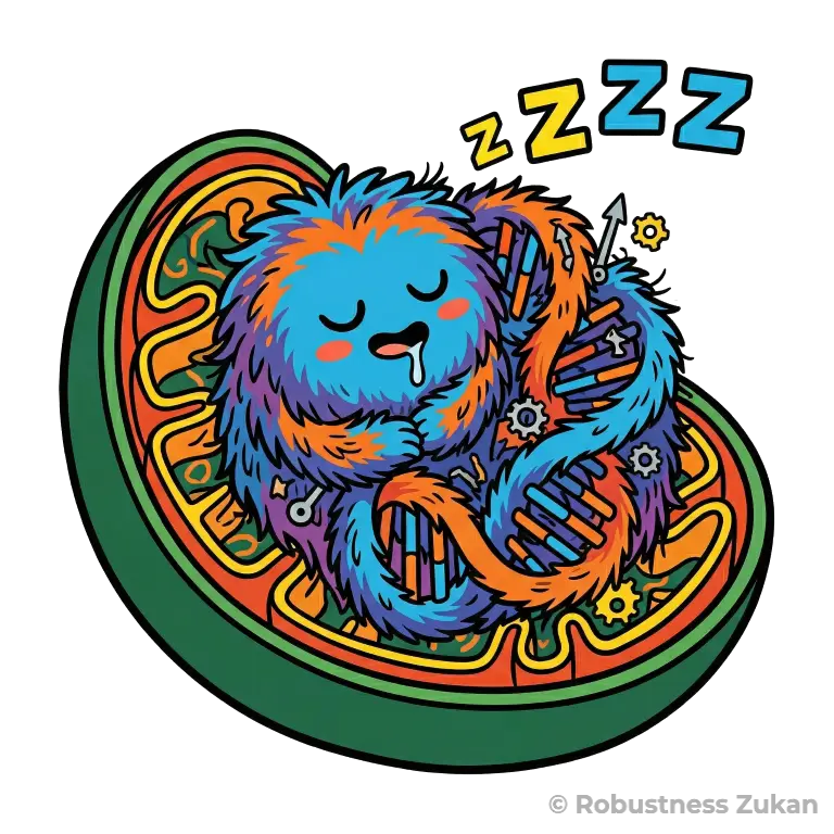 サーチュインの擬人化キャラクターイラスト（第1形態）。「巨大なミトコンドリアの断面の中で、DNAの鎖や歯車を抱き抱えながらよだれを垂らして爆睡する毛むくじゃらの可愛いモンスター」として、普段は眠っていて力を発揮していない長寿遺伝子の状態を表現しています。