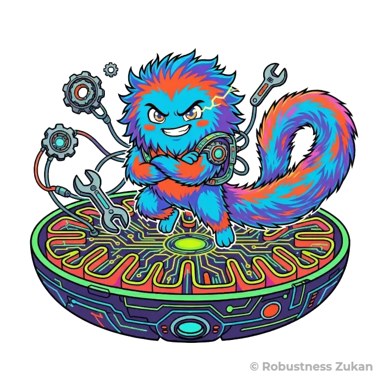 サーチュインの擬人化キャラクターイラスト（第2形態）。「輝くサイバーパンク風のミトコンドリアステージに立ち、スパナや歯車を操りながら自信満々に微笑む覚醒したモンスター」として進化し、運動によって目覚め、細胞の修復や老化に対抗する強力なメリットを表現しています。